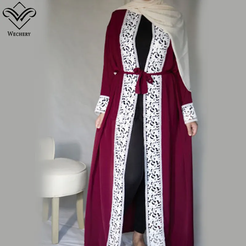 wine red Wechery Элегантное открытое Абая женское кружевное гладкое платье размера плюс свободное платье для взрослых мусульманский кафтан джилбаб одежда - Цвет: wine red
