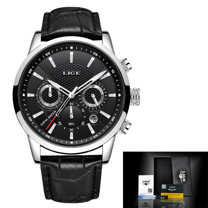 L silver black Relogio Masculino, мужские часы LIGE, модные, водонепроницаемые, с хронографом, Лидирующий бренд, роскошные, кварцевые часы, мужские, повседневные, кожаные, спортивные часы - Цвет: L silver black