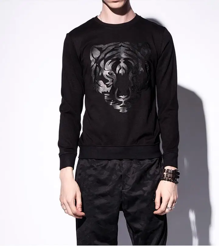 Осень Тигр Для мужчин с длинным рукавом Sweatershirt Цветочные стерео Стразы вязаный