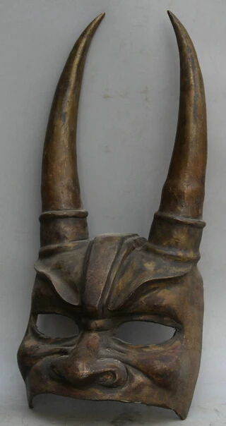 JP S0524 16&quot Old Chinese Copper Folk Evil Beast horn Head Face facepiece vizard mask | Дом и сад