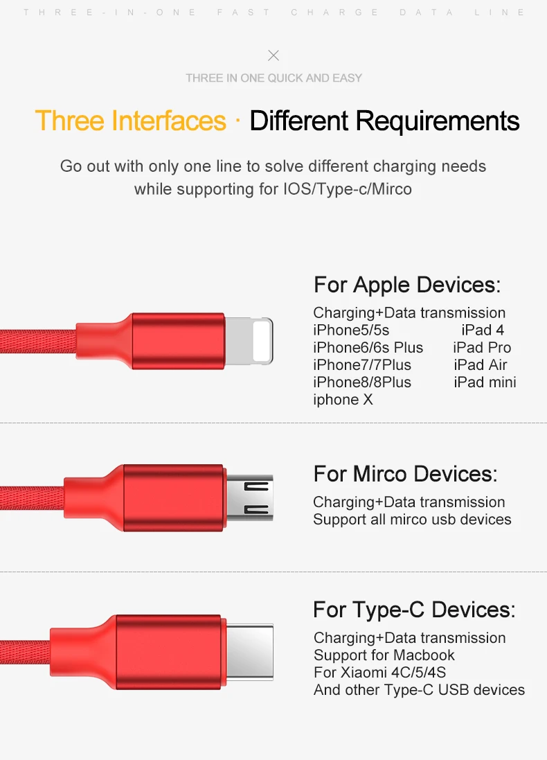 GUSGU 3 в 1 USB кабель для iPhone 5 SE 6 7 8 X type C кабель для быстрой зарядки для Xiaomi huawei MacBook Micro дата кабель для Android