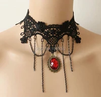 retro women statement red rhinestone bronze pendants fake collar black lace tattoo necklace with tassel maxi choker accessories