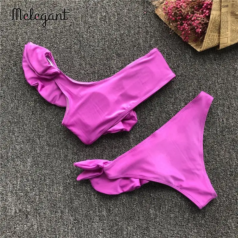 Женский купальник с треугольным вырезом однотонный розовый Бикини на одно плечо