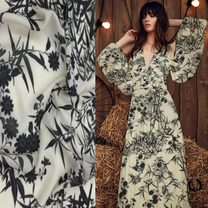 Бамбуковое волокно шифоновая ткань белый фон черные листья бамбука цветок