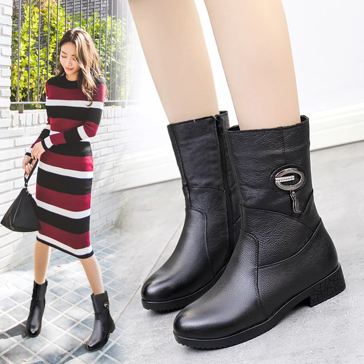 DRKANOL Women Winter Boots Genuine Leather Zipper Square Heel Thick Plush Warm Snow Boots Women Low Heel Mid Calf Boots