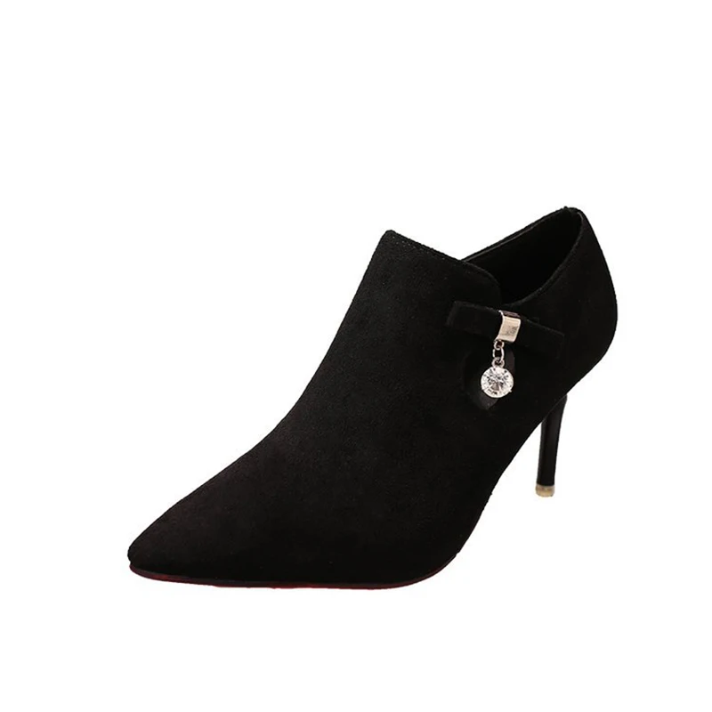 Весна осень новые туфли лодочки из флока женские бантик ботильоны с острым