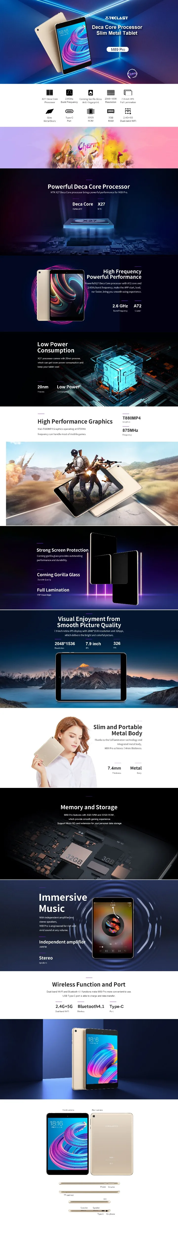 Teclast M89 Pro 7,9 дюймов X27 Deca Core 3 ГБ ОЗУ 32 Гб ПЗУ ips 2048 × 1536 type-C 2,4G+ 5G двухдиапазонный WiFi металлический планшет