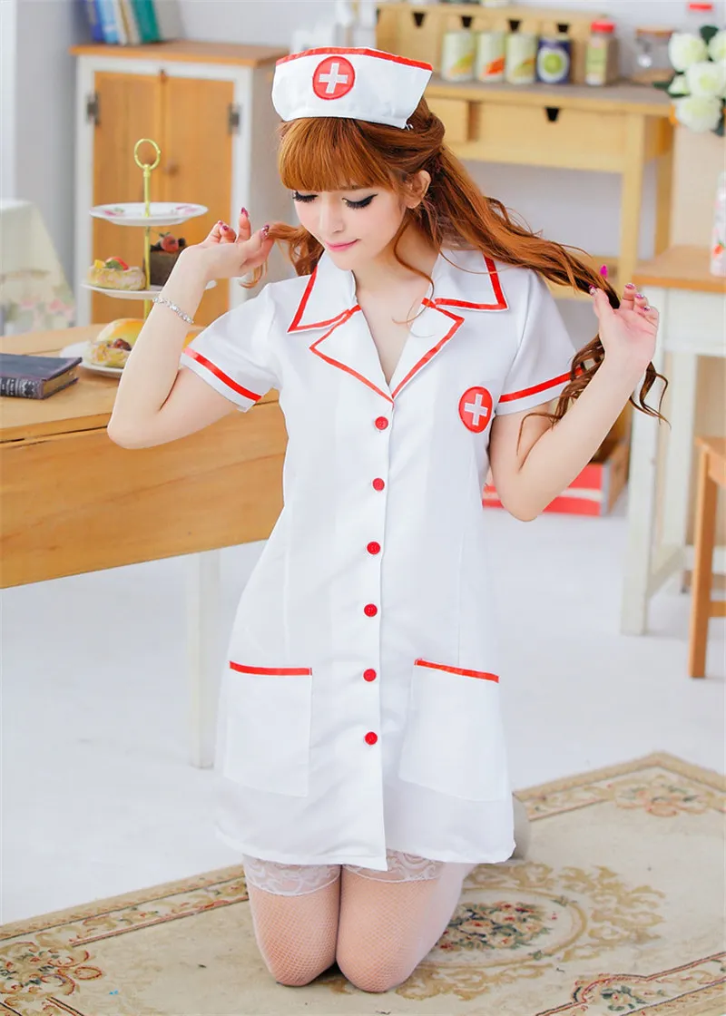 White Костюм для косплея медсестра Сексуальное женское белье Горячая Эротика для женщин фантазия Униформа v-образный вырез платье сексуальное Косплей белье «медсестра» хлопок белый - Цвет: White
