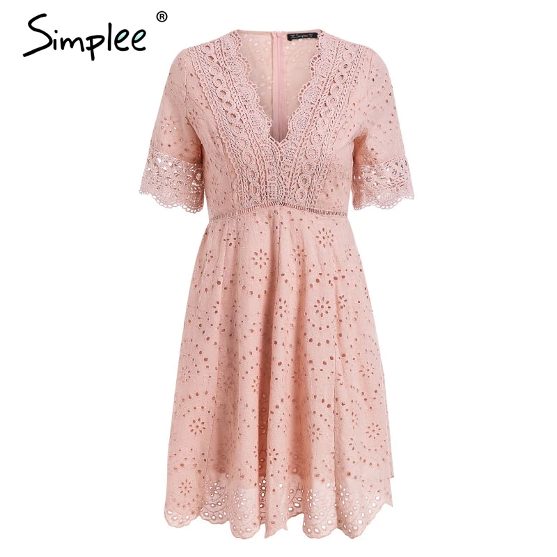 Simplee вышивка с v образным вырезом Хлопковое платье миди элегантный выдалбливают
