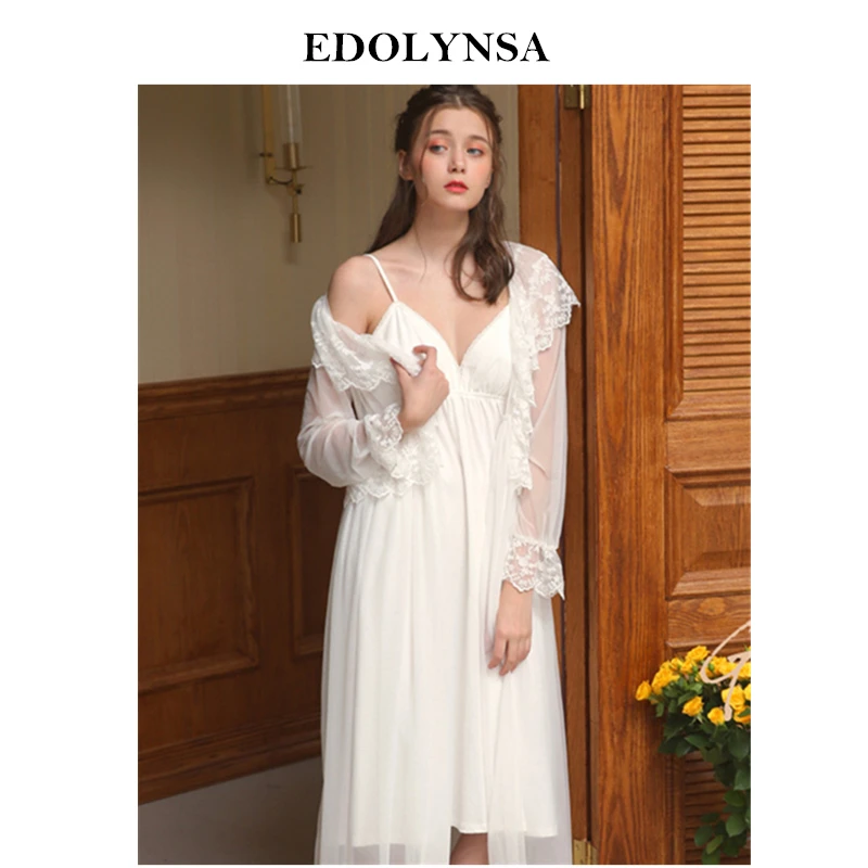 

2023 Sexy Two Pieces Sleepwear Women Robe Gown Set Lace Ruffled Kimono Camisole Dress Ladies Home Wear Nighties Bathrobe H804