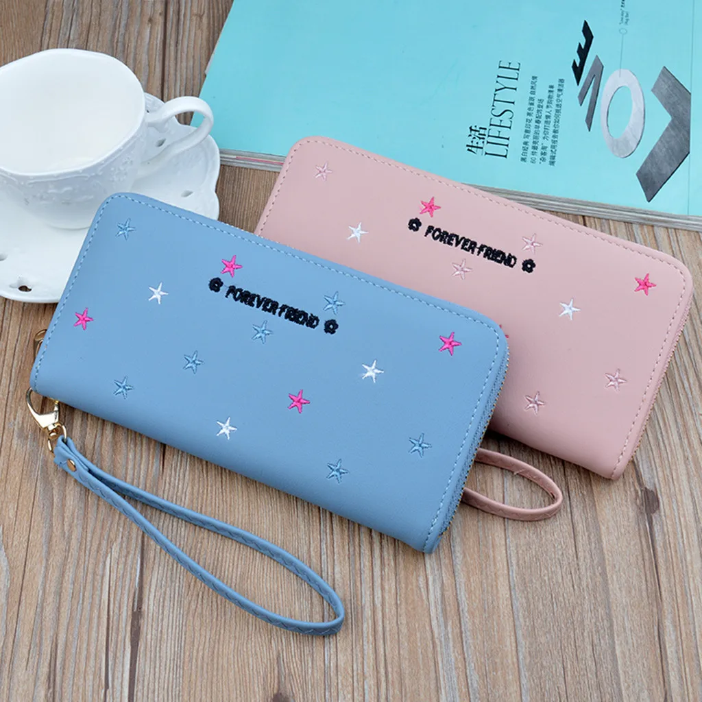 Leather Women Wallets Lady Purse Long Wallet Antimagnetic Handheld Women's Long Star Pattern Wallet Coin Purse With Zipper#0.7