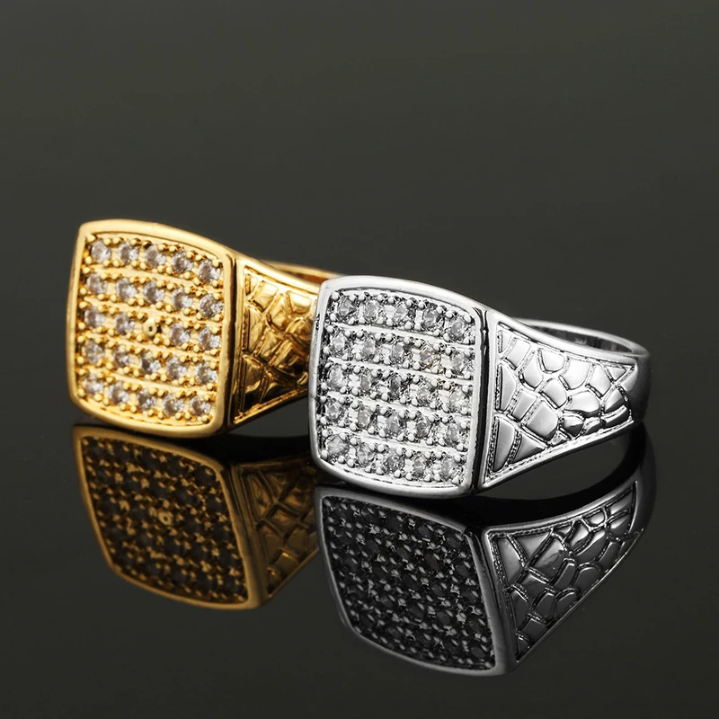 Хип хоп Bling Ice Out AAA Zircon Pave мужское Золотое кольцо золотого серебристого цвета