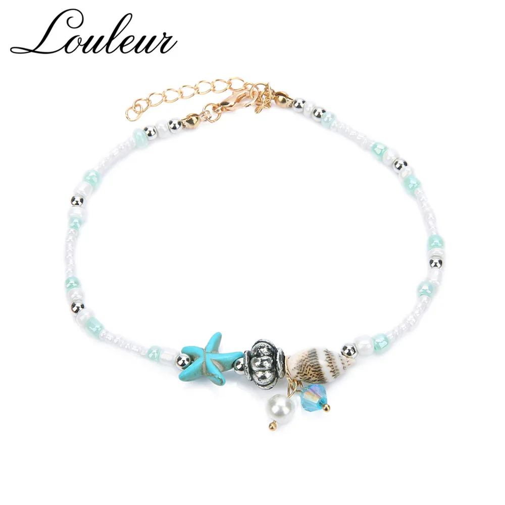 Louleur Bohemian Style Starfish Shell Beach Beads Anklet Conch Bracelet Summer Men and Women Foot Accessories | Украшения и