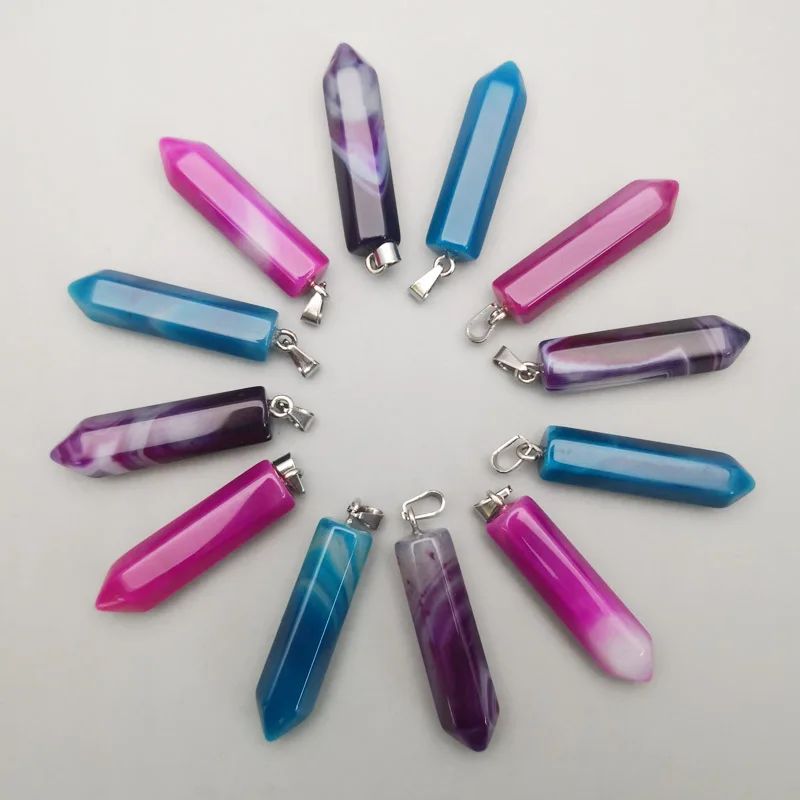 fashion natural stone blue onyx crystal pillar Pendants &amp necklaces for making Jewelry charm Point diy pendant 12pcs/lot | Украшения и