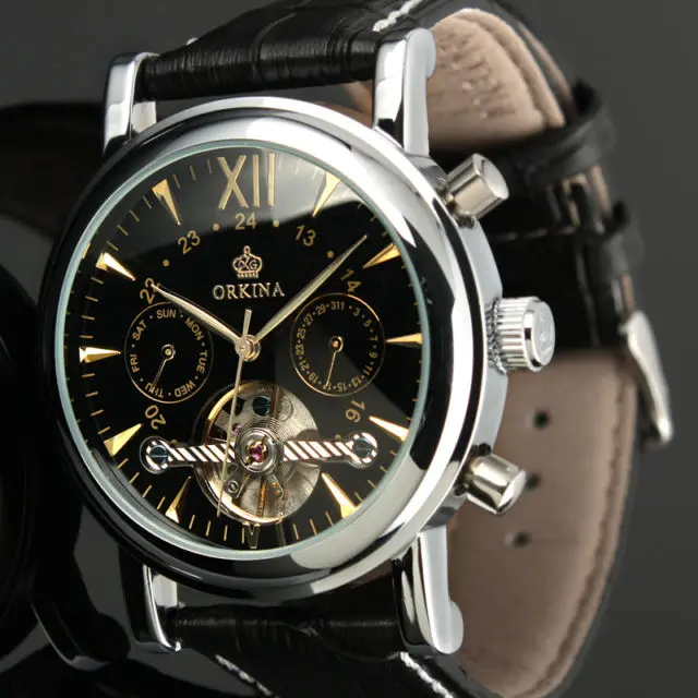 Мг. Часы мужские механические с автоматической индикацией даты и кожаным