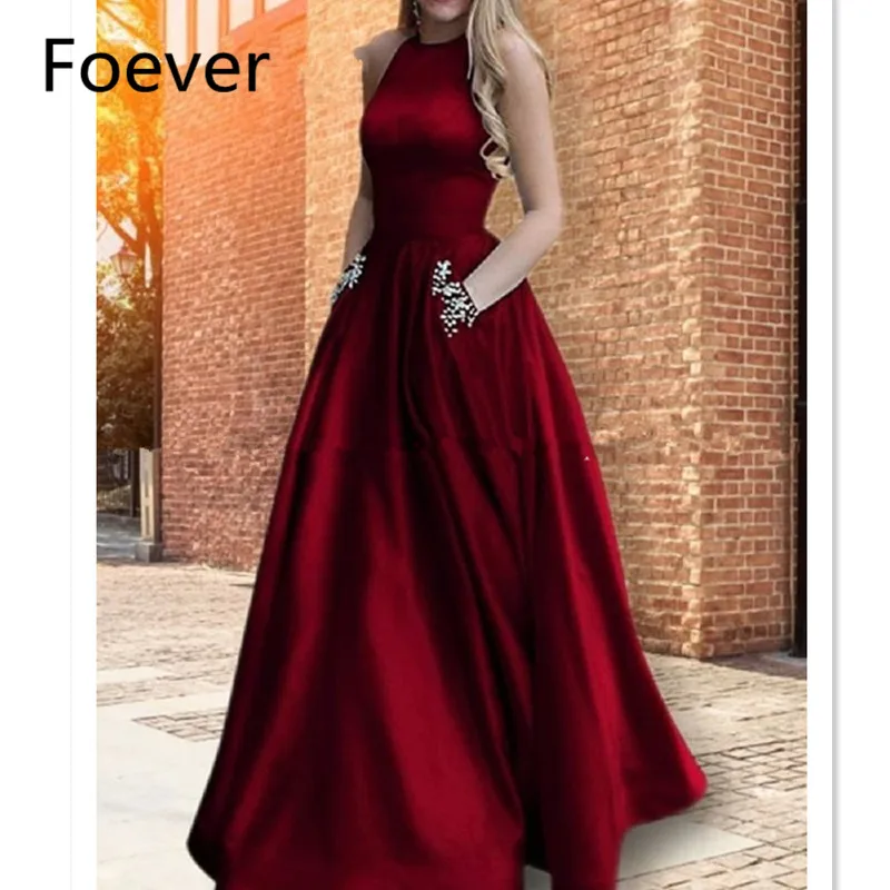 Бордовые платья для выпускного вечера с карманами трапециевидной формы атласные