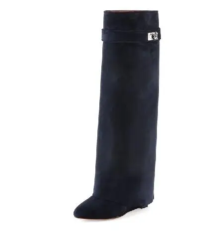 blue suede Г., шикарные сапоги до колена из натуральной кожи женские ботинки на танкетке с острым носком, серебристым металлическим замком в виде акулы женские дизайнерские высокие сапоги - Цвет: blue suede