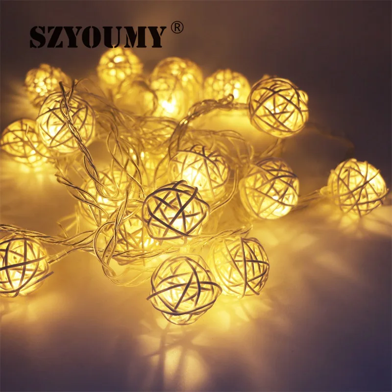 

SZYOUMY 4M 20 LED EU/US White Rattan Ball LED String Lighting Holiday Christmas Wedding Party Curtain Decoration Lights Drop