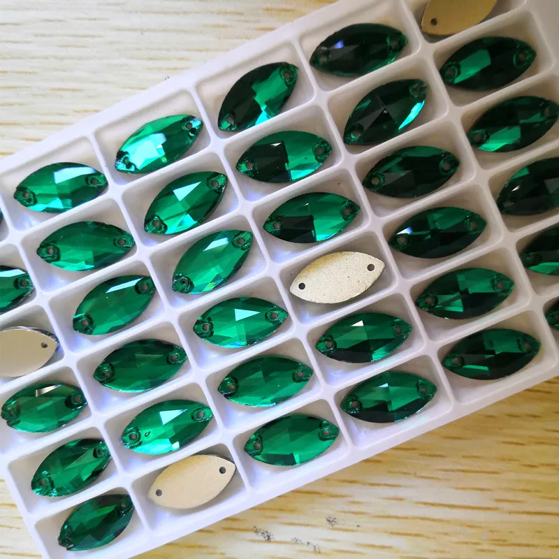 Green Zircon TopStone 6x12 мм 7x15 мм 9x18 мм Navette пришитые камни плоские стеклянные кристаллы 2 отверстия пришивные стразы в виде конского глаза для одежды - Цвет: Green Zircon