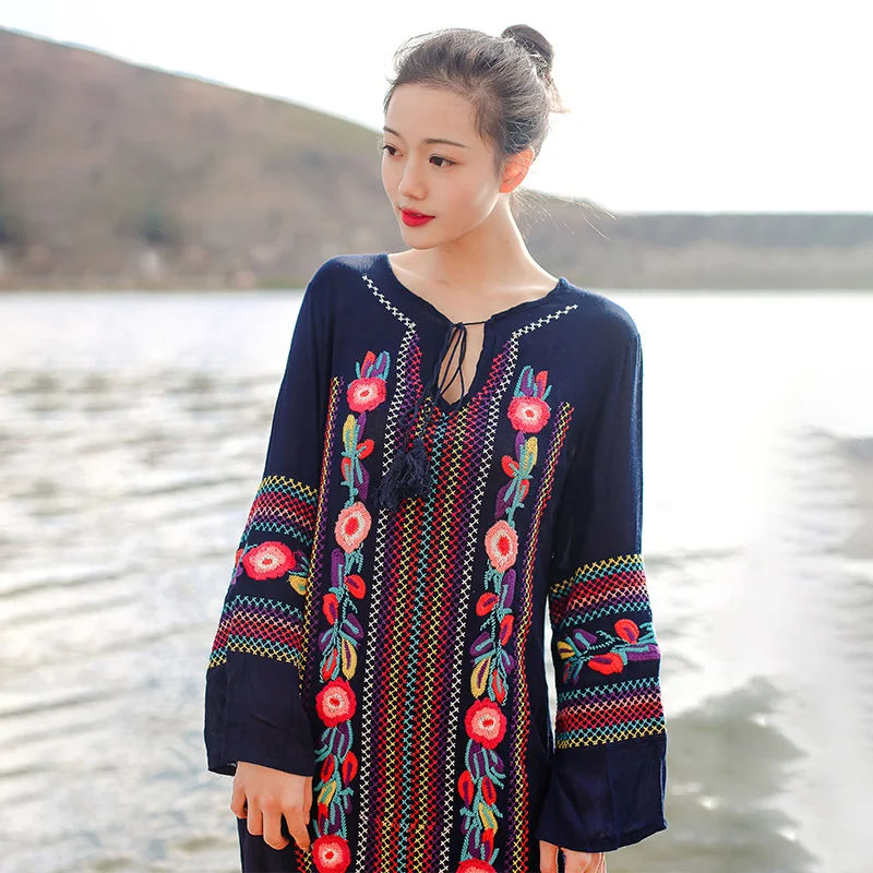 Женское длинное платье макси в стиле ретро летнее пляжное из хлопка и льна бохо