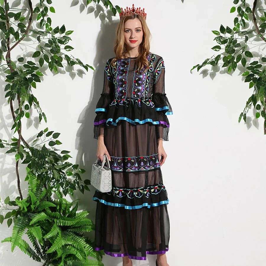Платье с длинным рукавом винтажное синее фиолетовое цветочным принтом|fashion long