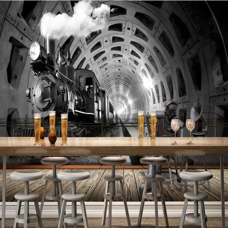 

Dropshipping Colomac Wallpaper Black And White Europe America Retro Tunnel Locomotive Mural Wallpaper Papier Peint Home Decor