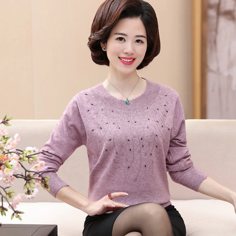 Middle-Aged Women Pullover Sweater Lace O-Neck Long-Sleeved Plus Size 40-50 Years Old Mother Knitted T322 | Женская одежда