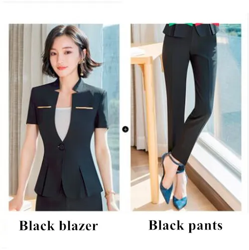 Black coat and pants Модный женский костюм с юбкой, деловой летний формальный модный Тонкий Блейзер с v-образным вырезом и юбка, Офисная Женская одежда размера плюс для работы - Цвет: Black coat and pants