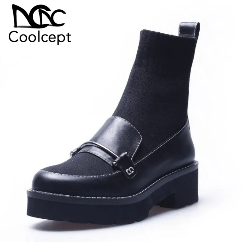 Coolcept Women Real Leather High Heel Boots Platform Warm Winter Shoes Patchwork Stretch Sock Footwear Size 34-39 | Обувь