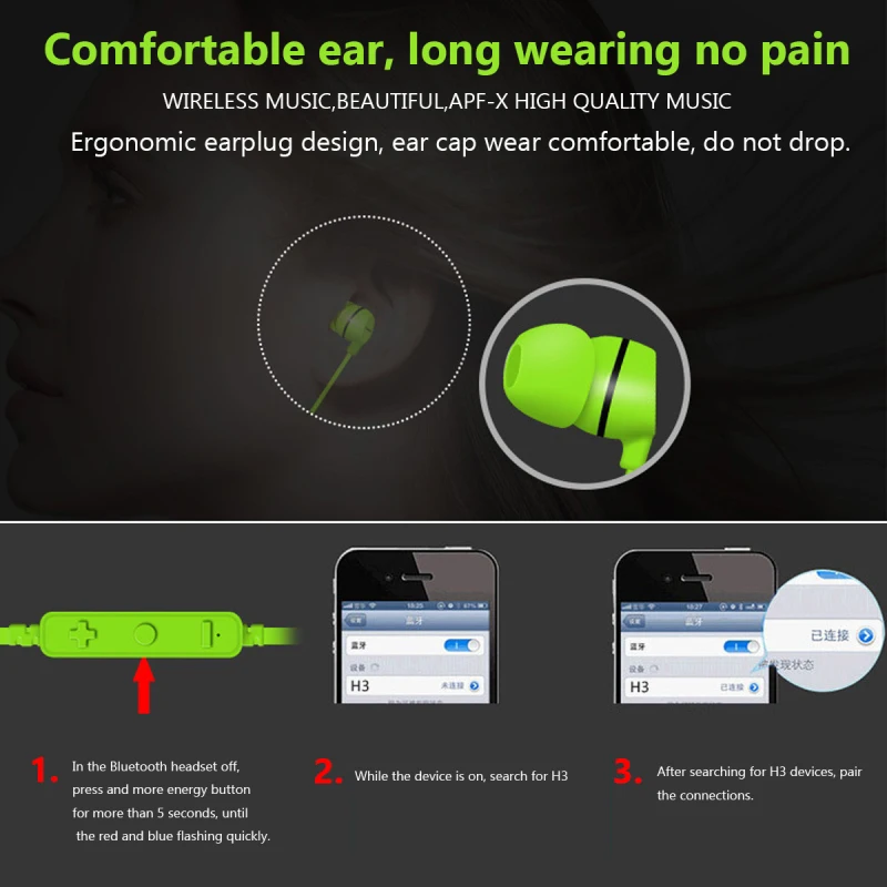 Новый H3 Bluetooth наушники для спорта бега Беспроводной наушников Мини V4.1 стерео Бас