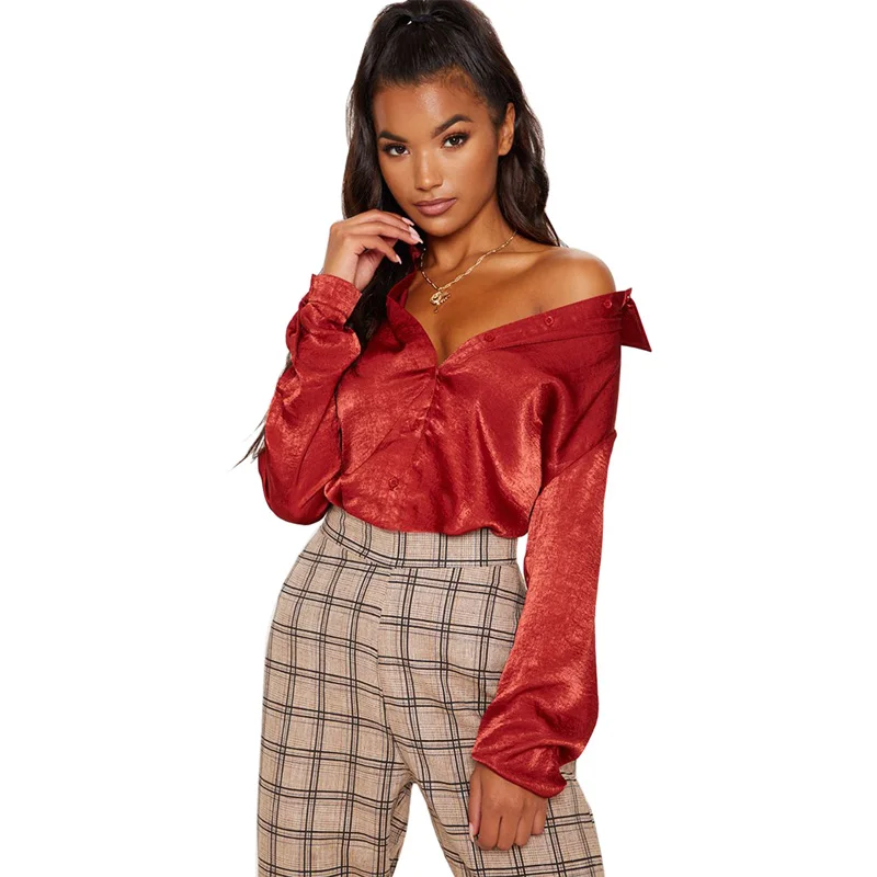 

Casual Satin Shirts Silk Blouses long-sleeved Lapel Button Woman Solid Color Slim Cardigan Basic Single-breasted Tops 2019 Hot