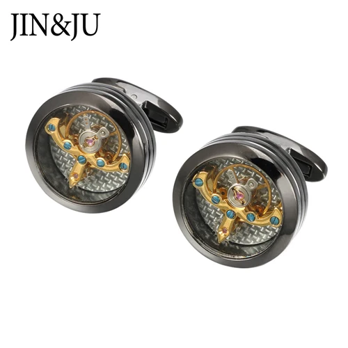 JIN& JU мужские ювелирные изделия турбийон движение мужские запонки для мужчин s свадебные часы жениха стимпанк механизм запонки Relojes gemelos - Окраска металла: Black Gold Color