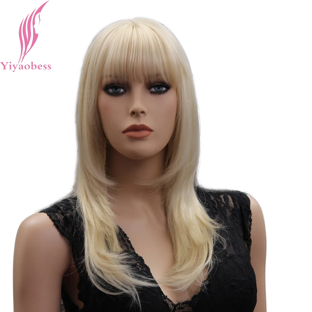 

Yiyaobess 18inch Light Blonde Medium Long Straight Wig With Bangs Natural Synthetic Hair Wigs For Women Japanese Fiber