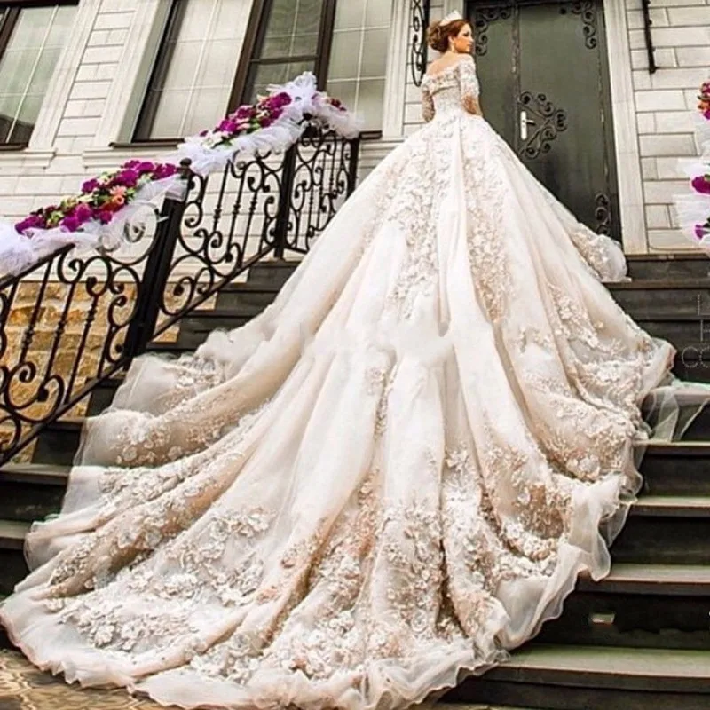Новые свадебные платья роскошный соборный Королевский Шлейф Кружева Vestido De Noiva аппликации с длинным рукавом высокое качество свадебные платья