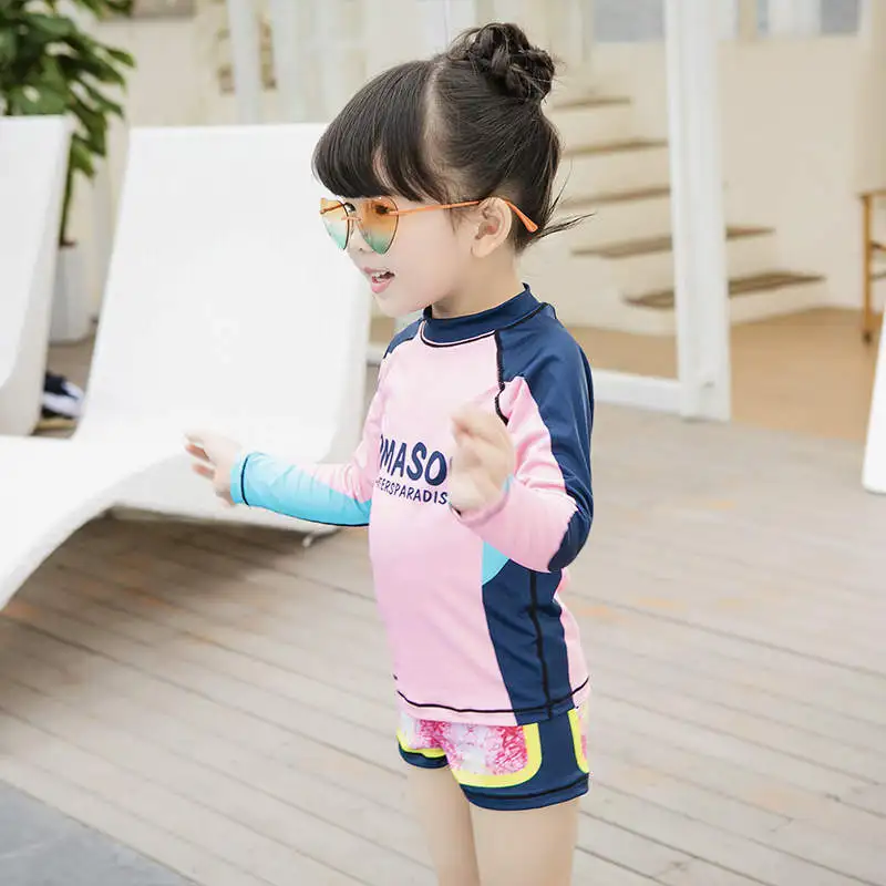 Retail Swimsuit for 3-8yrs Girls Long sleeve Blue Patchwork 2-Pieces Split swimwear with swimming Cap Surfing Costume | Спорт и
