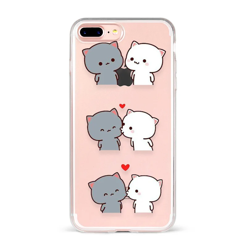 Peach Mochi Cat Cartoon Ctue lovely Love Couple Phone Case For iPhone 7 6 6S 8 PLUS X XS XR Max Transparente Soft Case For Girl - Цвет: TPU