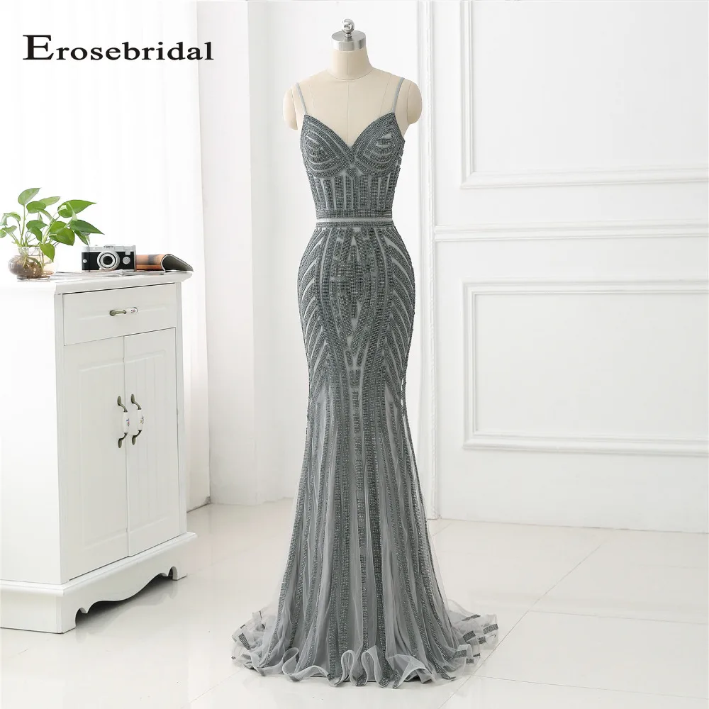 Вечернее платье с серыми кристаллами и русалочкой вечернее открытыми плечами 48
