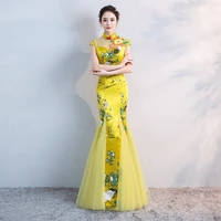 chinese style wedding long cheongsam retro sexy slim party evening dress marriage gown qipao fashion lady clothes vestido yellow