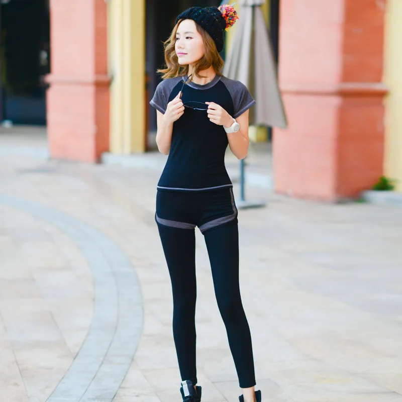 Новинка женский набор для йоги комплект из 3 предметов футболка + леггинсы шорты