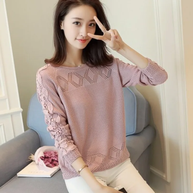 Корейский стиль свободные кружева лоскутное длинный рукав плюс размер пуловеры