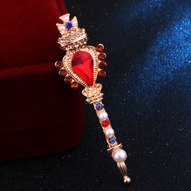 New Fashion Retro Crown Cross Red Rhinestone Pins and Brooches Little Magic Wand Lapel Pin Brooch Shirt Men Clothing Accessories