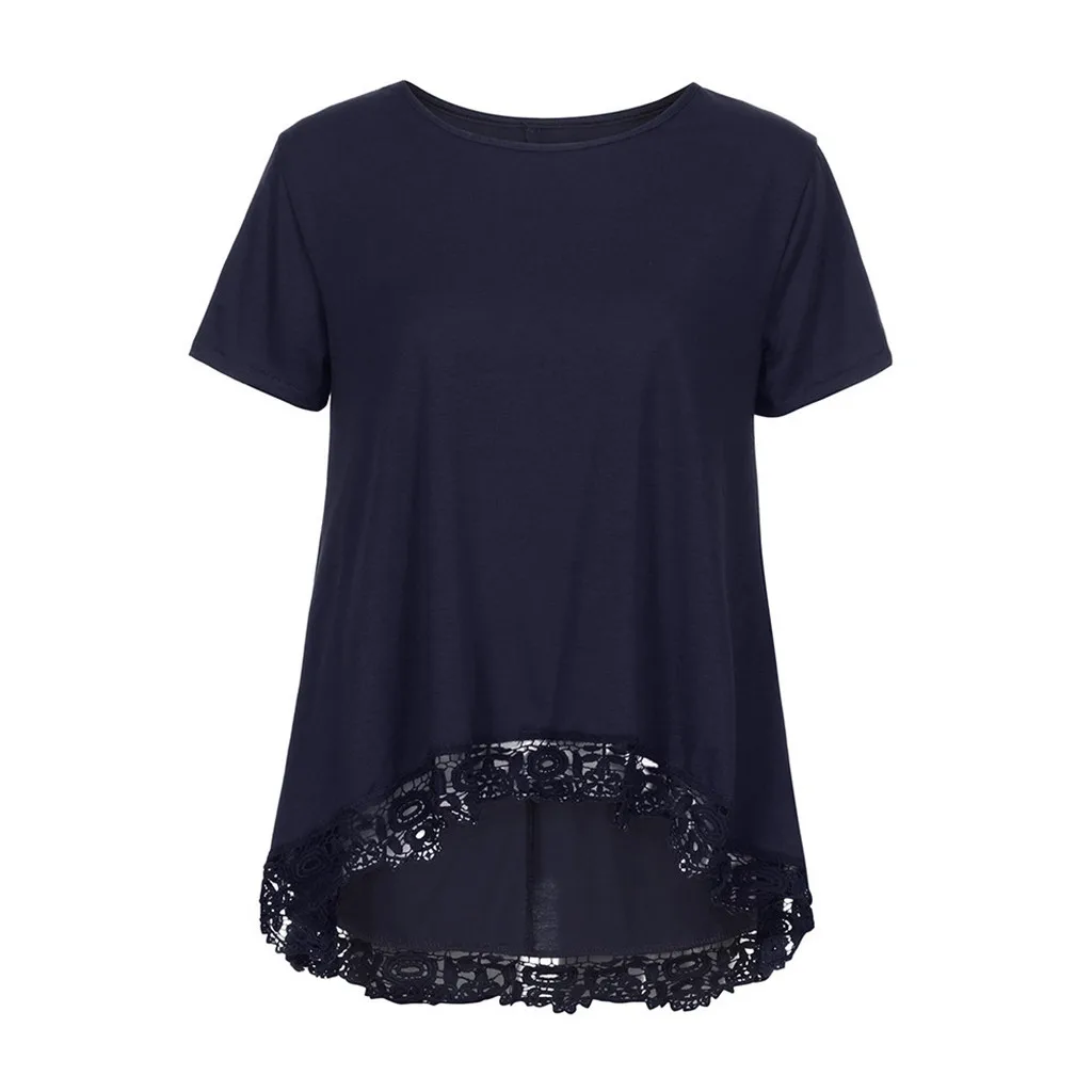 Navy Женские блузки Camisa Feminina, повседневные топы с круглым вырезом и коротким рукавом, свободные кружевные лоскутные топы, туника, блузка Blusas Mujer De блузка Moda - Цвет: Navy
