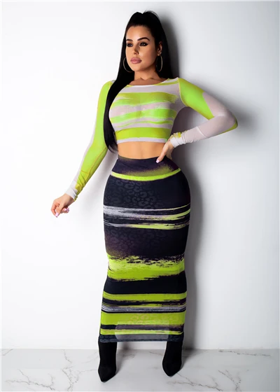 green dress Adogirl/комплект из двух предметов в полоску с прозрачной сеткой; модное сексуальное платье с длинными рукавами; укороченный топ; обтягивающая юбка-макси; женские вечерние Клубные платья - Цвет: green dress
