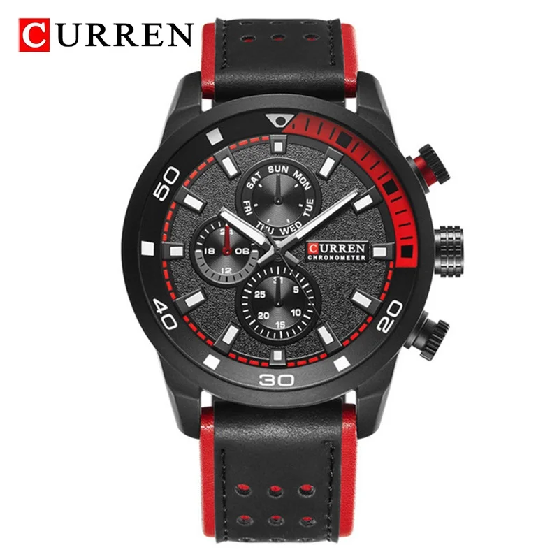 Black Red CURREN Мужские часы Топ бренд класса люкс Хронограф водонепроницаемые кварцевые часы мужские военные кожаные спортивные часы мужские часы аналоговые - Цвет: Black Red