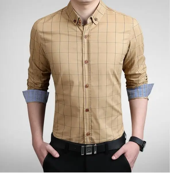 Новая коллекция модных осенних свитеров Для мужчин одежда Slim Fit Для мужчин рубашка с длинными рукавами Для мужчин клетчатая хлопковая Повседневное Для мужчин рубашка социальных размера плюс 5XL - Цвет: khaki
