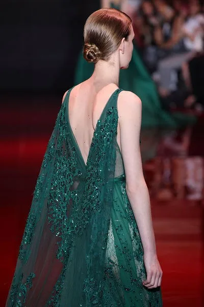 2015 new sexy see through A-Line Beading/Sashes Sheer Bateau Neckline Tulle Floor-Length Elie Saab Green Formal Evening Dresses | Свадьбы и