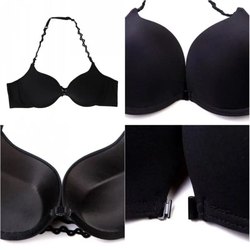 

Sexy Women Push Up Invisibla Bra Halter Neck Front Closure Smooth Surface Padded Ajusted Straps Bras Backless Underwire Bralette