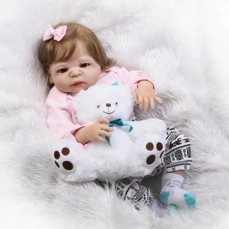 

Full silicone reborn dolls 55cm newborn girl reborn babies super real smooth hair with bear rooted bebe alive bonecas reborn