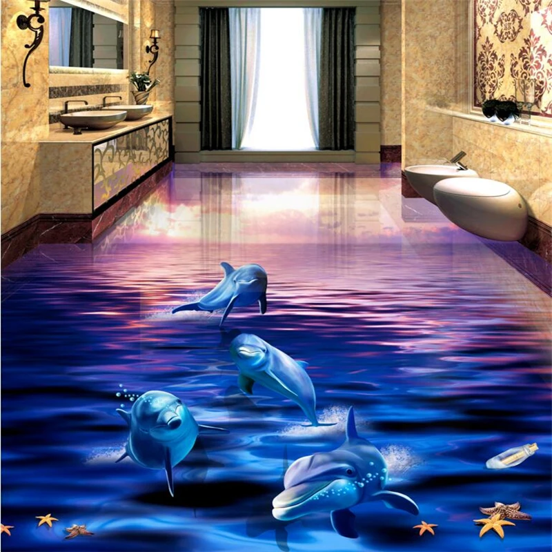 3D ванная комната с красивым дельфином из океана мира на заказ Большая фреска ПВХ