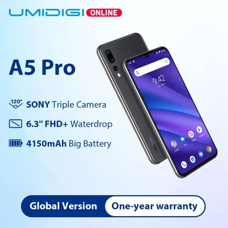 Смартфон UMIDIGI A5 Pro с глобальной версией тройная камера 16 МП Android 9 0 6 3 дюйма FHD + 4150